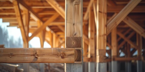 Wooden construction of a new house. Construction of a wooden house. - obrazy, fototapety, plakaty