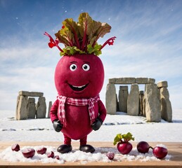 Vegetable character with red beetroot on snow in front of Stonehenge