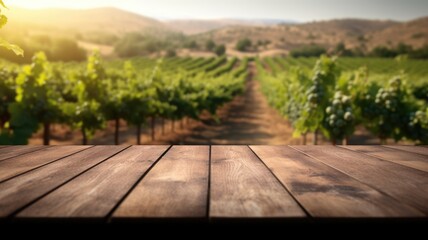 The empty wooden table top with blur background of vineyard. Exuberant image. generative AI - obrazy, fototapety, plakaty