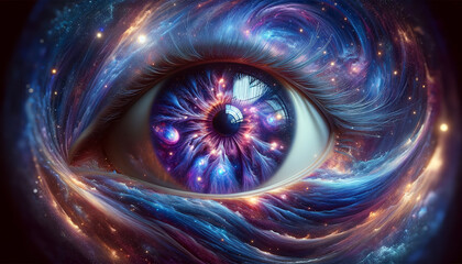 Abstract universal eye consisting of galaxies, stars, nebulas - obrazy, fototapety, plakaty
