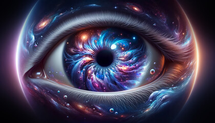 Abstract universal eye consisting of galaxies, planets, and the vastness of space