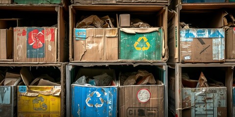Recycling waste in a wooden box in a recycling center.