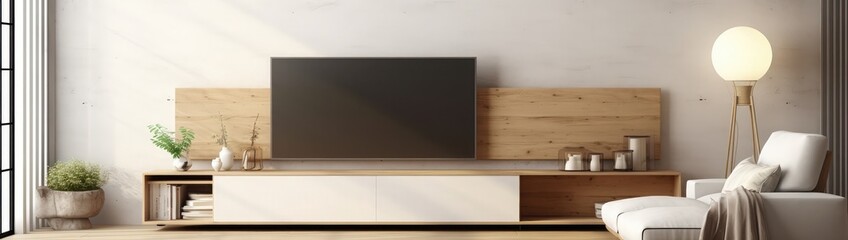 TV cabinet in a scandinavian decor living room.3d rendering