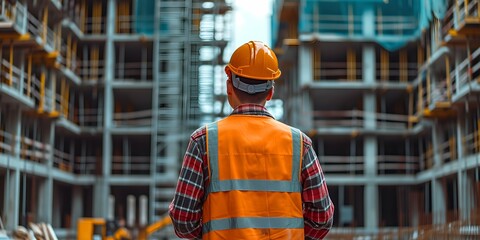 Rear view of unrecognizable male engineer in hardhat looking at construction site