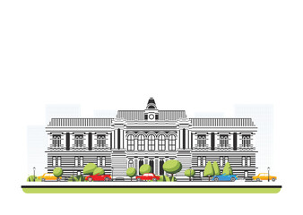 City hall building in flat style with trees and cars. City scene isolated on white background. Urban architecture.