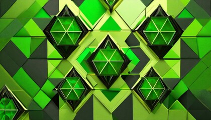 an abstract polygon background adorned with lively green geometric shapes and intricate patterns, creating a visually striking and contemporary design.