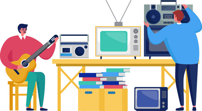 Man playing guitar sitting, another man tunes vintage radio. Musicians sharing hobbies and music equipment vector illustration.