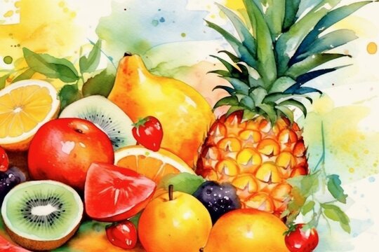 Summer Background With Tropical Fruits Watercolor Illustration. Generative AI