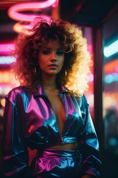 Retro 1985 Portrait of a Young Woman with Big Hair Out in a Silk Blouse Neon Generative AI