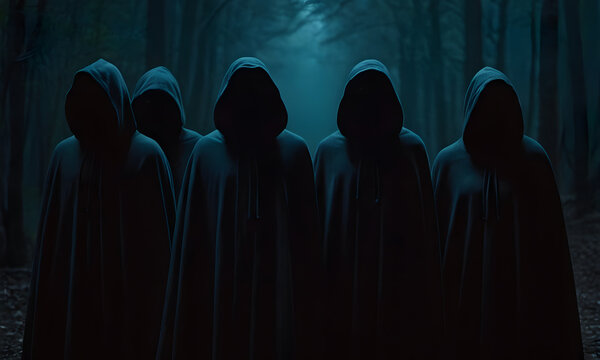 mysterious figures in hooded cloaks in darkness 