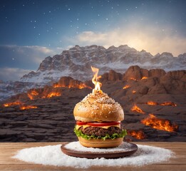 Hamburger with fire flame on wooden table with mountains in the background