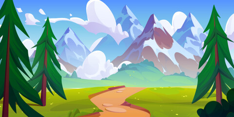 Fototapeta na wymiar Curve foot path from forest with green pines to rocky mountains. Cartoon vector summer sunny landscape of walkway in meadow with grass and trees. Grassland natural panoramic with soil road to hills.