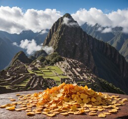 Potato chips on the background of Machu Picchu, Peru