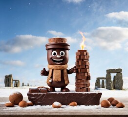 A gingerbread man with chocolate candies and Stonehenge in the background