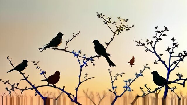A landscape painting featuring the silhouettes of several birds perched on branches at dusk.
