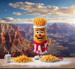 Funny chicken with french fries on the table against the backdrop of the Grand Canyon
