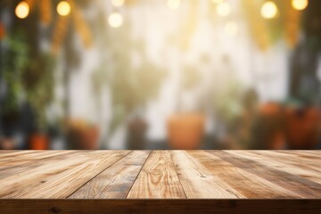 The empty wooden table top with blur background. Exuberant image. generative ai