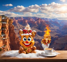 A funny dog in a Santa Claus hat with a cup of hot coffee and marshmallows on the table in front of the grand canyon