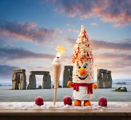 Ice cream man with a flaming stick and Stonehenge landscape at sunset