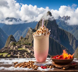 Milkshake with whipped cream and nuts on the background of the mountains