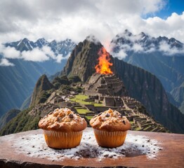 Muffins with fire in the background at Machu Picchu, Peru