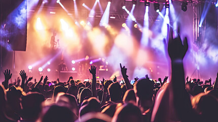 Crowd with raised hands at concert - summer music festival - obrazy, fototapety, plakaty