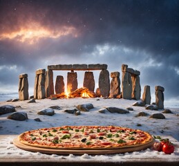 Pizza with salami and mozzarella cheese against Stonehenge at night