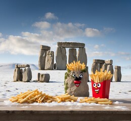 Funny monster with french fries and Stonehenge in the background