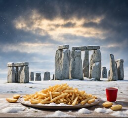 Fried potatoes on a plate with Stonehenge in the background
