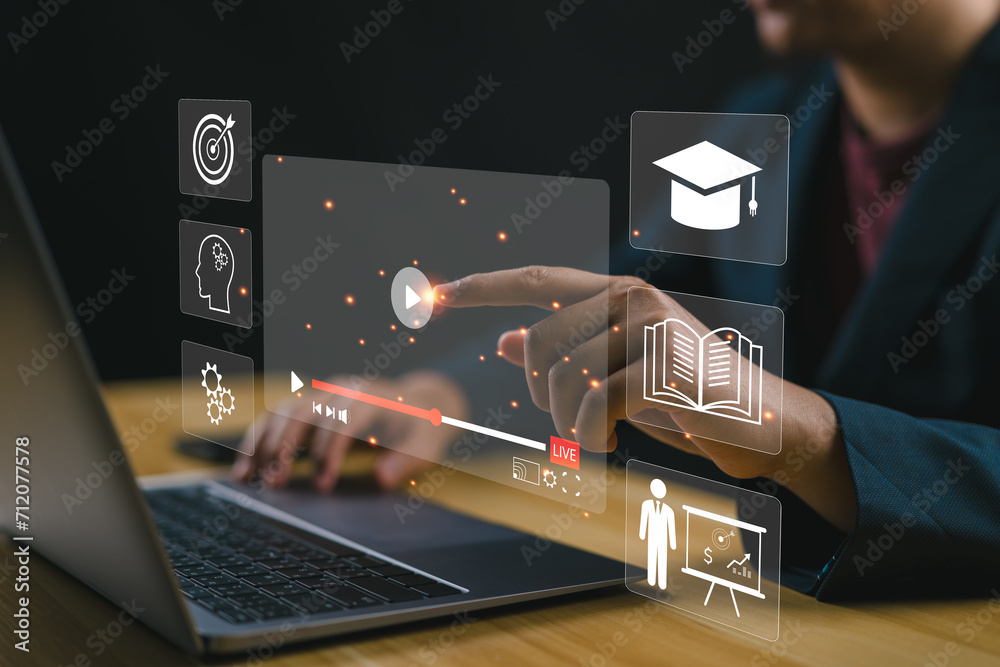 Aufkleber E-learning graduate certificate program concept. Man use computer laptop for online study, study knowledge to creative thinking idea and problem-solving solution, Internet education course degree.
