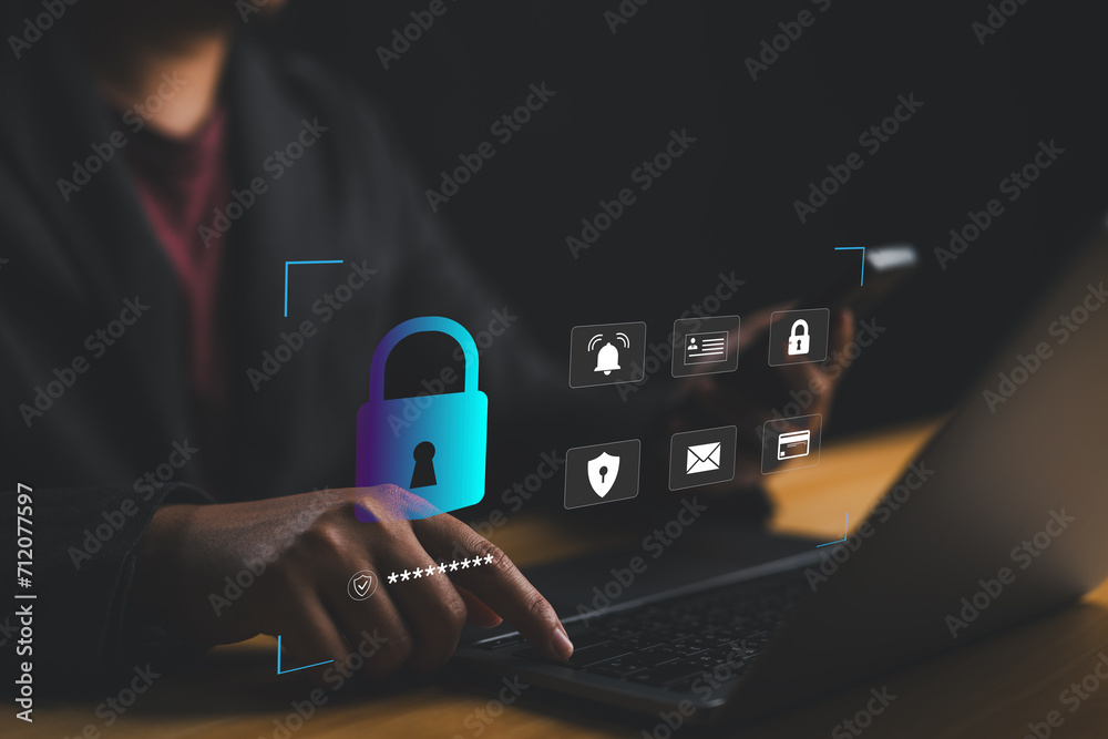 Aufkleber Cybersecurity concept, cyber secure digital information, user privacy security and encryption, secure internet access network technology and cybernetics, screen padlock, privacy, safety, protect