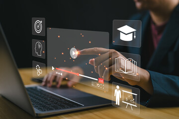 E-learning graduate certificate program concept. Man use computer laptop for online study, study knowledge to creative thinking idea and problem-solving solution, Internet education course degree.