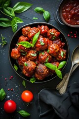 Meatballs with tomato sauce and basil