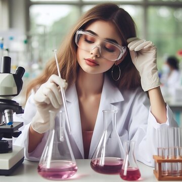 A young girl wearing lab coat and goggles doing a titration of chemistry experiment in a standard chemical laboratory 