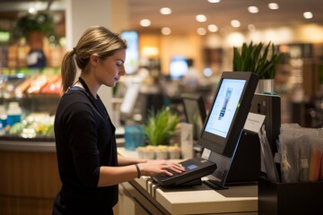 Customer using a self-service kiosk in a store, Generative AI