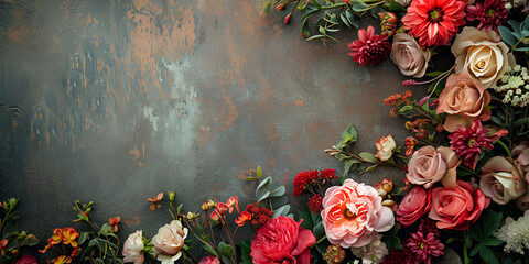 A flat lay image showcasing a floral backdrop with an empty area suitable for text placement, Top View of Flowers and Petals on a Gray Concrete Table, Ready for Your Textual Touch 