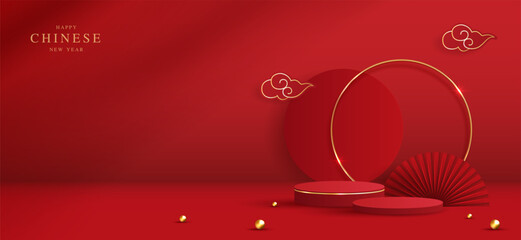 Podium stage chinese style for chinese new year and festivals or mid autumn festival with red background. mock up stage with festive lanterns and clouds. vector design.