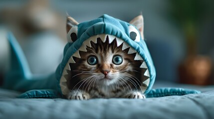 Cat in shark costume at home, Halloween party invitation, cute pet costume parade, creative animal character humor design background. 