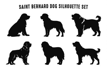 Saint Bernard Dogs vector Silhouettes Set, Silhouette of Dogs breed Black Clipart