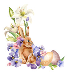 Easter rabbit, eggs and blue flowers periwinkle. Easter illustration isolated on white background....
