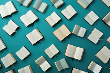 One page books on blue background. Overhead view.