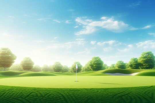 Square golf tournament image on blue and green backdrop. Generative AI