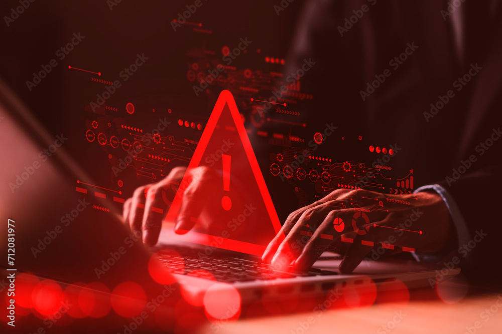 Wall mural system hacked warning alert on notebook (laptop). cyber attack on computer network, virus, spyware, 