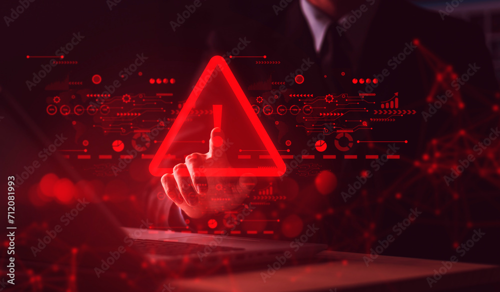 Poster system hacked warning alert on notebook (laptop). cyber attack on computer network, virus, spyware, 