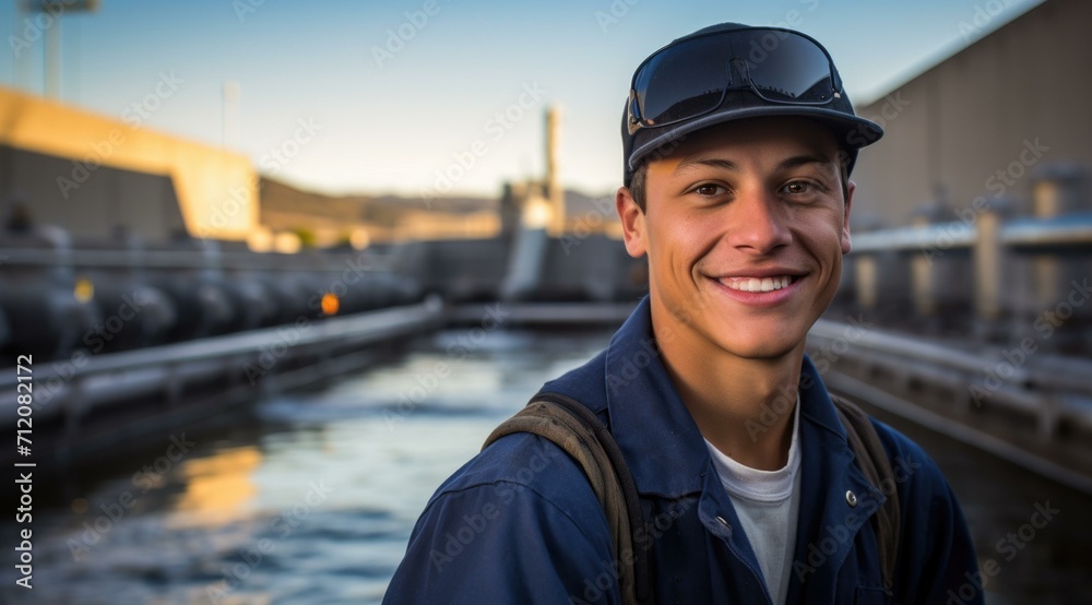 Poster A man in a blue shirt and hat standing in front of a water treatment plant. Generative AI.