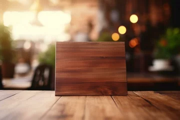 Foto op Aluminium Wooden board on blurred background, brown table in coffee shop. Generative AI © Miriam