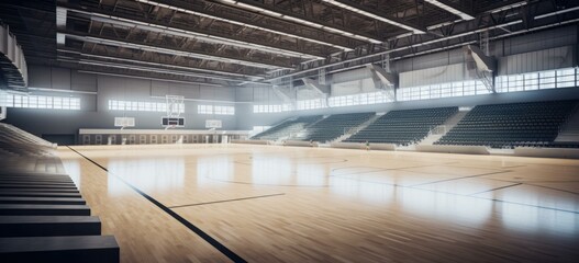 An empty basketball court with a large wooden floor. Generative AI.