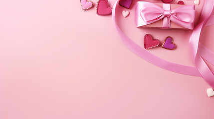 Romantic Flat Lay Composition for Valentines Day: Heart-Shaped Ribbon, Gift Boxes, and Rose Flowers on Pink Background, Perfect for Greeting Cards and Love-Themed Promotional Content.