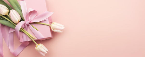 Fototapeta na wymiar Mothers Day concept. Top view photo of stylish pink giftbox with ribbon bow and bouquet of tulips on isolated pastel pink background with copyspace