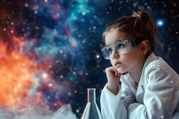 A young girl with protective goggles focused on a science experiment, symbolizing the growth of women's participation in STEM